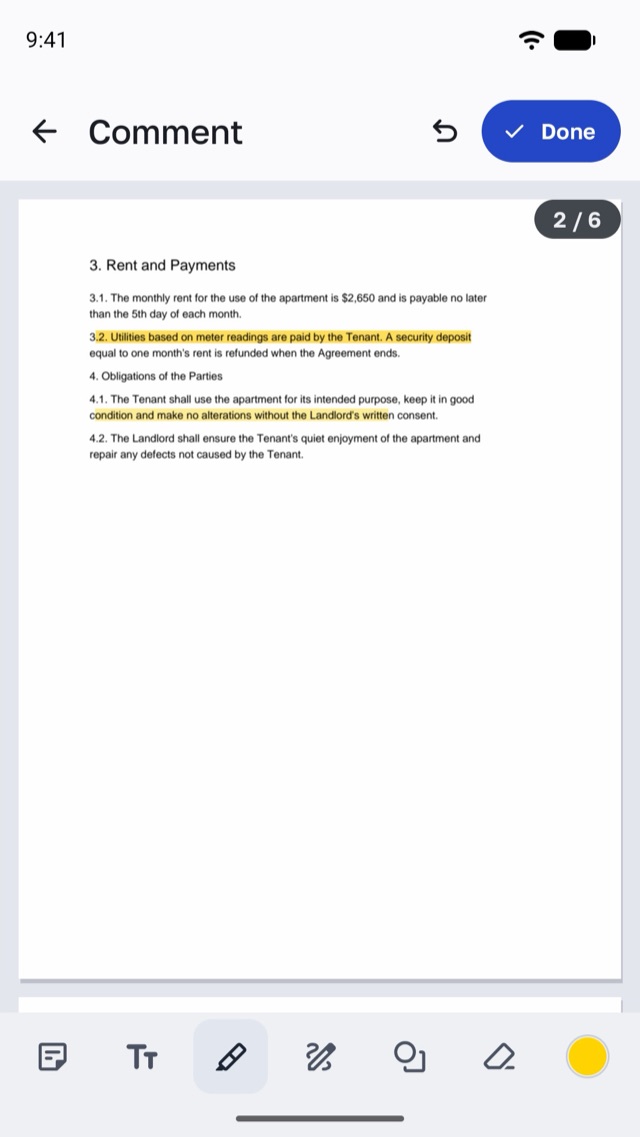 Grifel on a phone: a lease agreement with two clauses highlighted in yellow